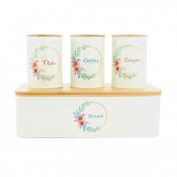 Bamboo Lid Iron Canister Set With Bread Box in White 4 Piece
