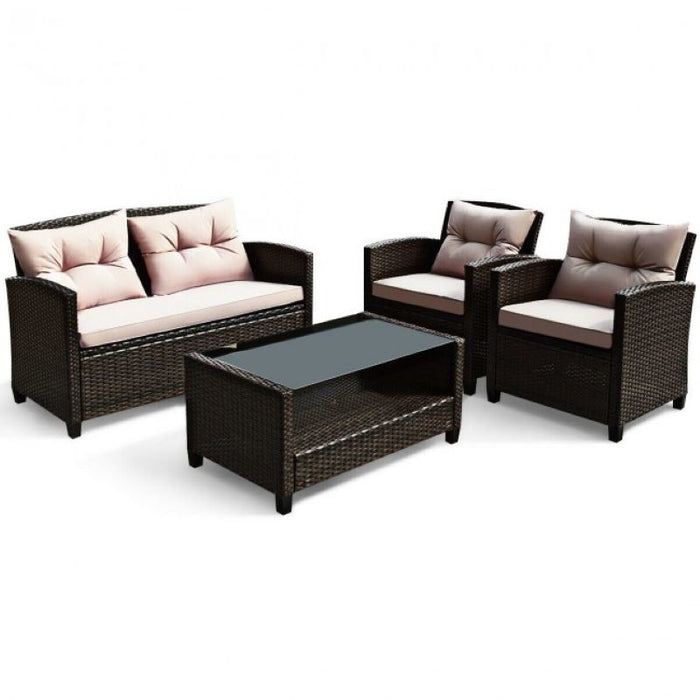 Garden Patio Rattan Armrest Furniture Set Table With Lower Shelf 4 Pcs Set - Home Traders Sources