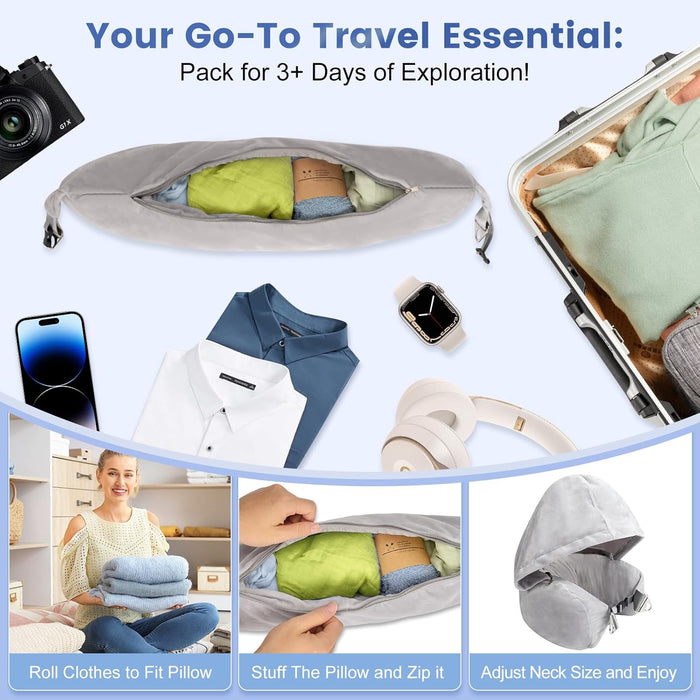 Stuffable Neck Pillow for Travel with Hood