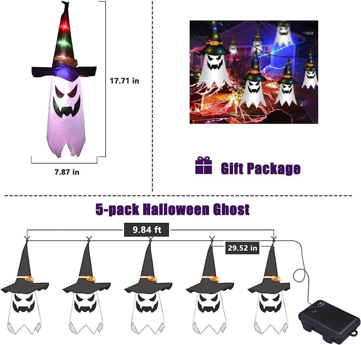Outdoor Halloween Decor,Hanging Outdoor String Lights Glowing Ghost Witch Hat,5 Pcs