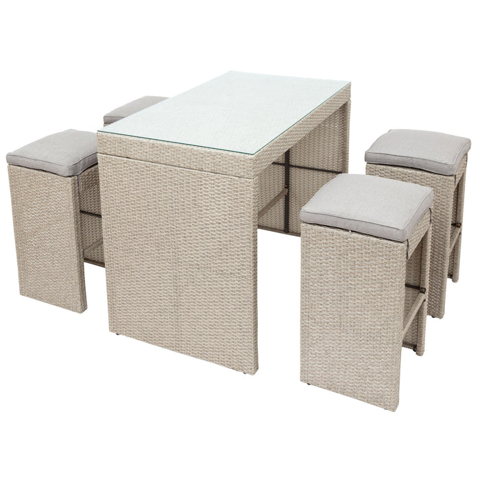 5-piece Rattan Outdoor Patio Furniture Set Bar Dining Table Set with 4 Stools - Home Traders Sources